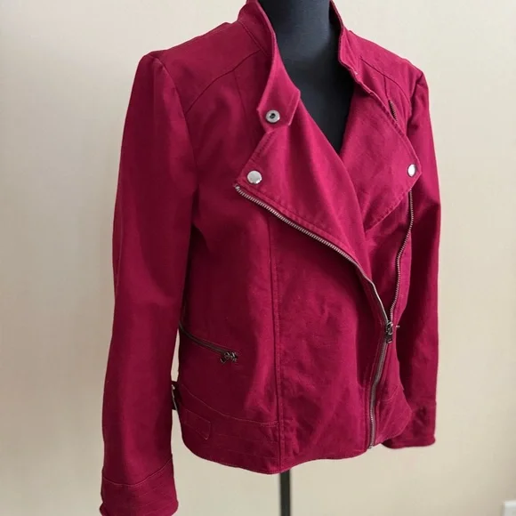 Banana Republic Moto Jacket Women M Red Wine Cotton Biker Zip Jacket Spring - Picture 1 of 7